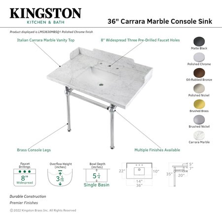 Kingston Brass 36 Carrara Marble Console Sink with Brass Legs, Marble WhitePolished Chrome LMS3630MBSQ1
